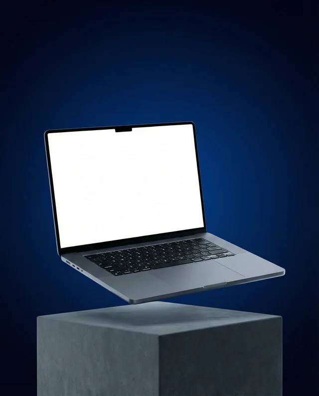 Sleek MacBook Mockup on Minimalist Concrete Pedestal