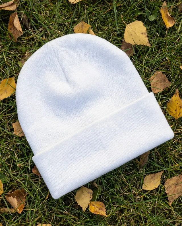 Cozy White Beanie Mockup on Autumn Grass Background