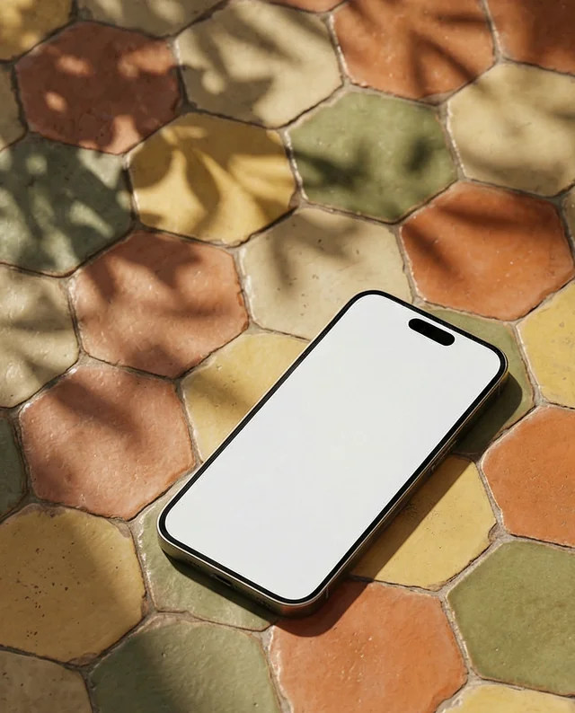 Sleek iPhone Mockup on Colorful Hexagonal Tiles
