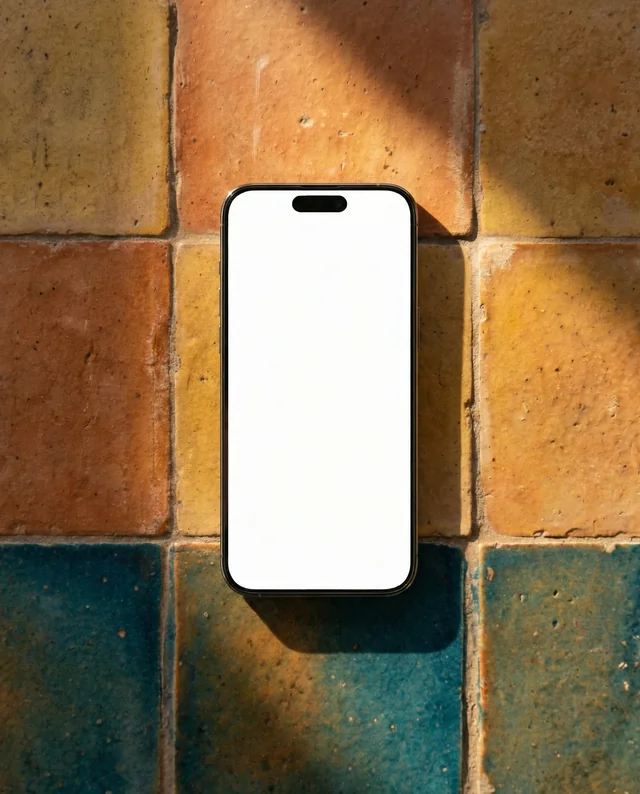 Modern iPhone Mockup on Textured Colorful Tiles