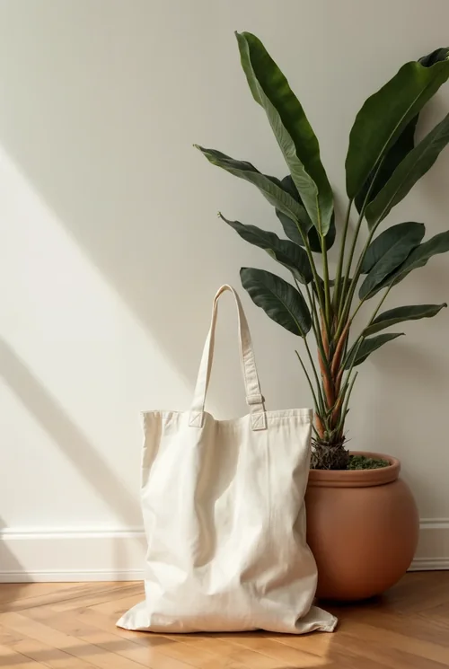 Creamy Mockup of a Minimalist Tote Bag on Wood Floor