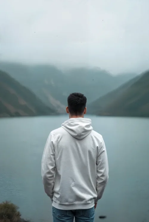 Tranquil Mockup of Hoodie Against Misty Mountain Colors