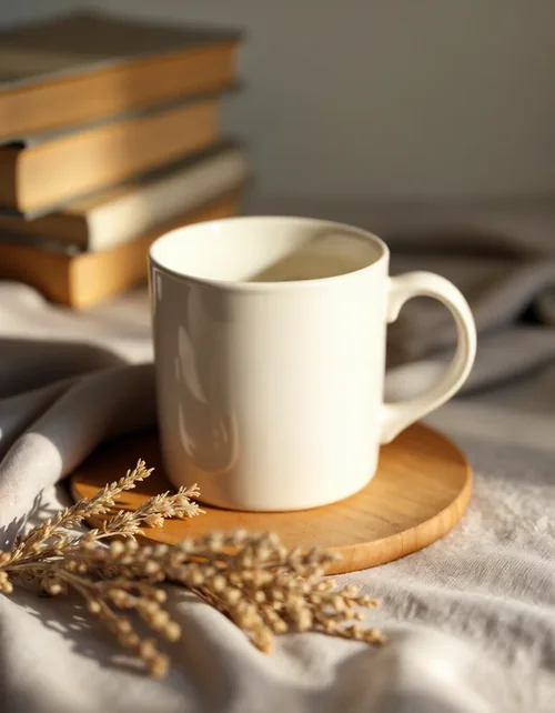 Mockup of a Mug on a Light Brown Wooden Table with Gray Linen