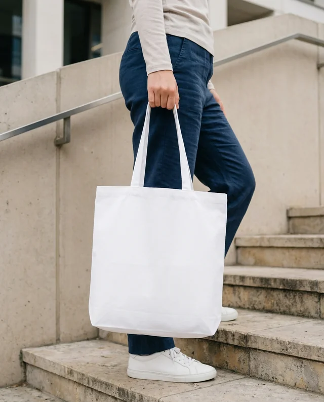 Stylish Mockup of a Tote Bag on Outdoor Stairs