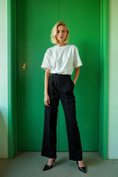 Stylish T-Shirt Mockup Against Bold Green Door