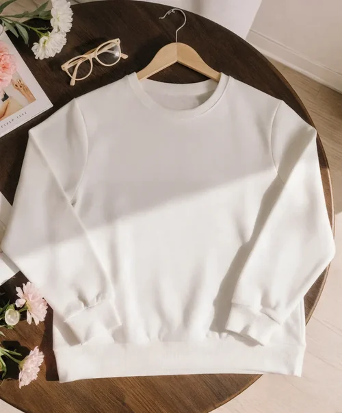 Cozy Sweatshirt Mockup on Wooden Table with Flowers