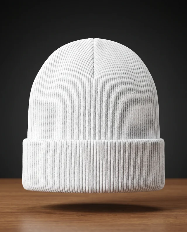 Stylish White Knit Beanie Mockup on Wooden Surface