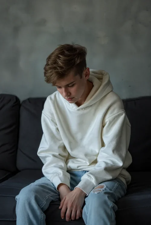 Contemplative Hoodie Mockup with Soft Gray Background Colors