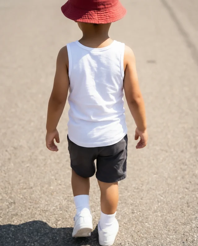 Cheerful Child in Tank Top Walking on Sunlit Road Mockup