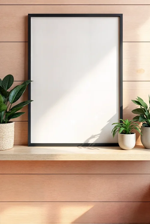 Serene Mockup Poster with Black Frame and Warm Wood Colors