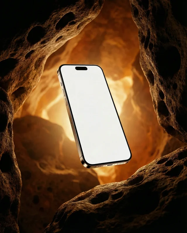 Sleek iPhone Mockup in a Mysterious Cave Setting
