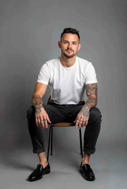 Mockup of Confident Man in White T-Shirt with Gray Background