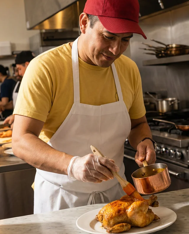Chef in Kitchen Mockup with Apron and Roasted Chicken