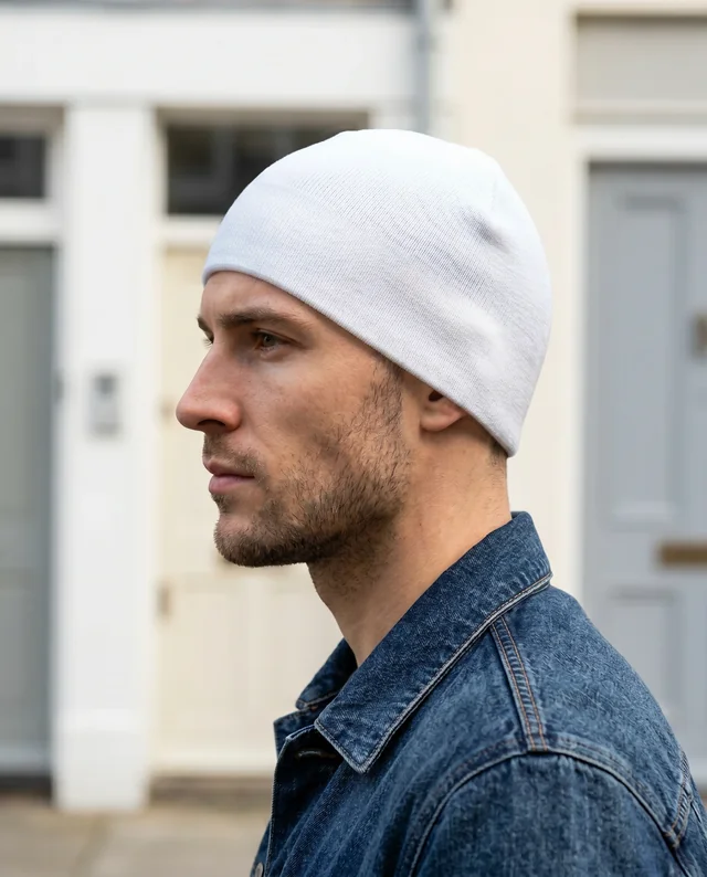 Stylish Beanie Mockup Featuring a Young Man in Profile