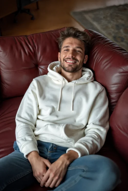 Cozy Hoodie Mockup on Burgundy Couch with Warm Colors