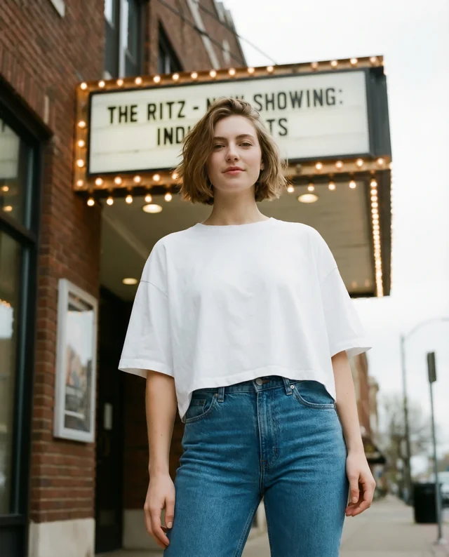 Confident Woman in Crop Top at Vintage Movie Theater Mockup