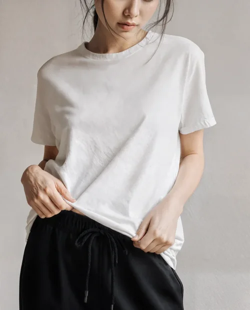 Contemplative Woman Mockup in Oversized T-Shirt