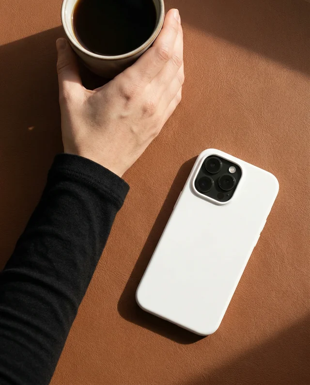 Elegant Mockup of Phone Cover with Coffee and Leather