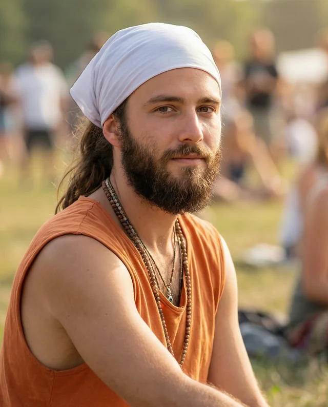 Relaxed Young Man in Bandana Mockup at Outdoor Festival