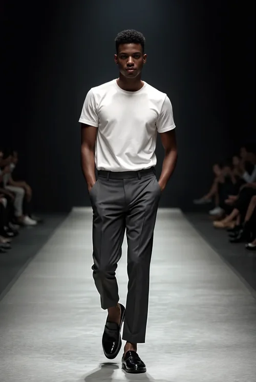 Stylish T-Shirt Mockup Featuring Male Supermodel on Runway