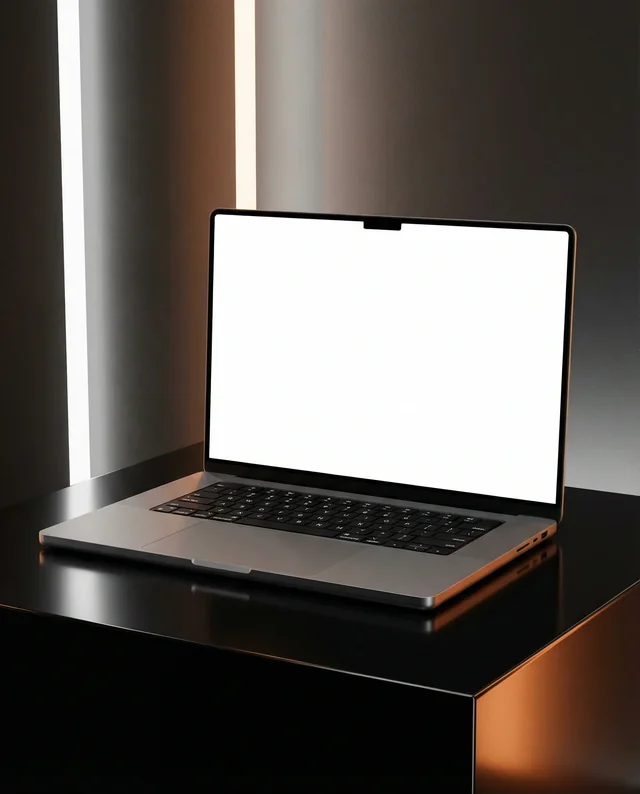 Sleek MacBook Mockup on Glossy Surface with Ambient Lighting