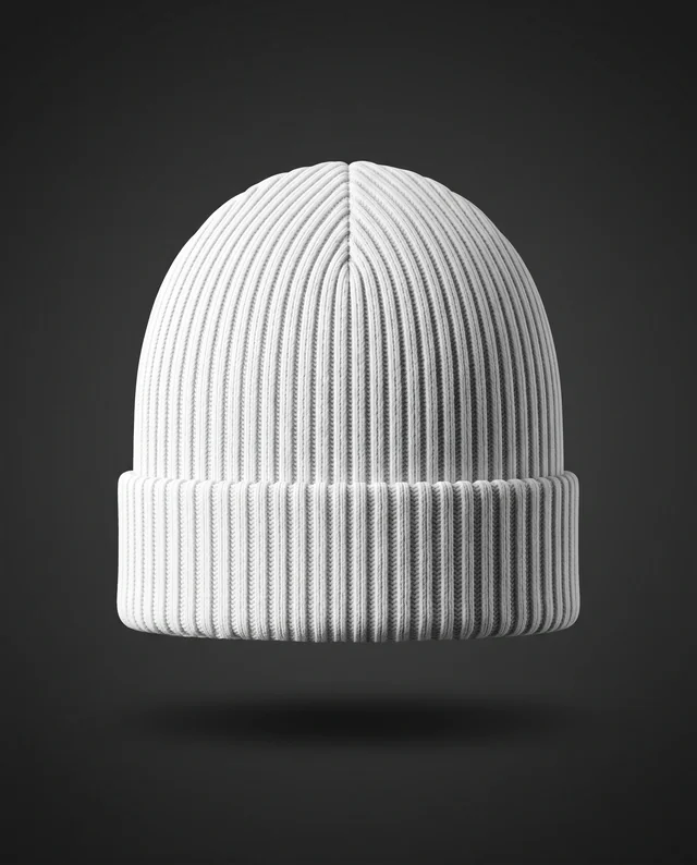 Floating White Ribbed Beanie Mockup on Dark Background