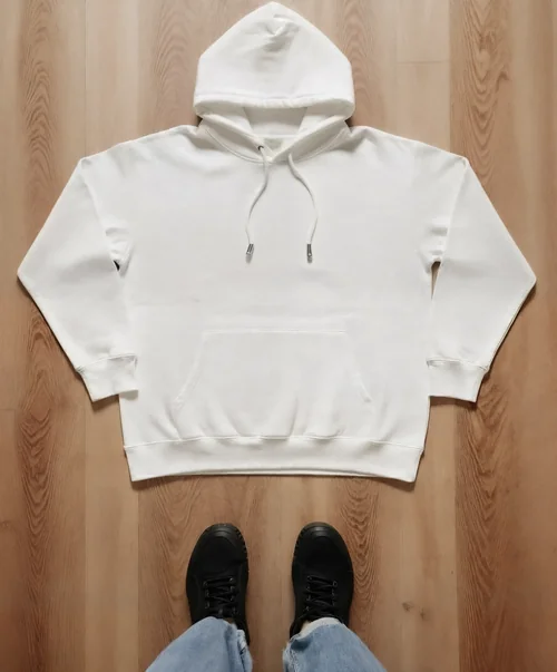 Casual Oversized Hoodie Mockup on Wooden Floor