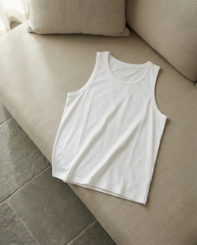 Elegant Mockup of a White Tank Top on a Beige Sofa