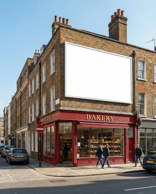 Charming Bakery Mockup with Billboard in Urban Setting
