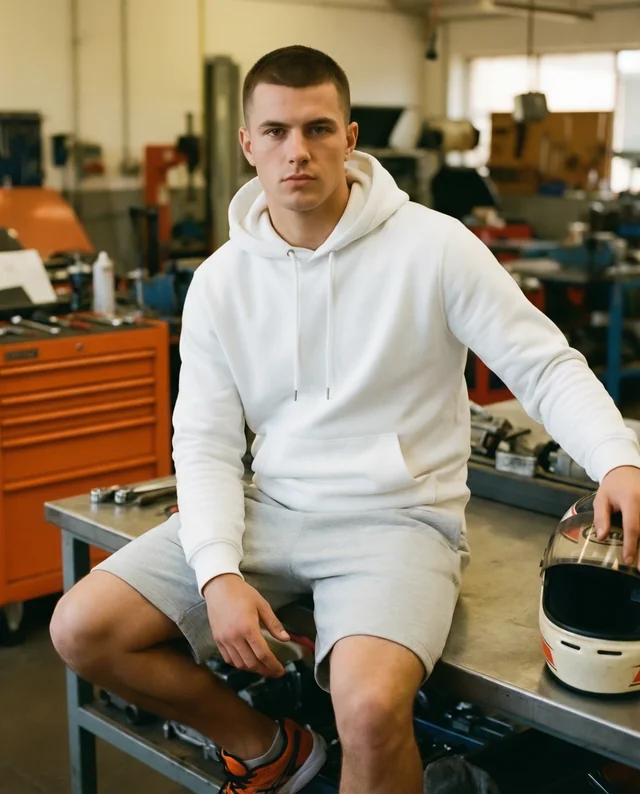 Stylish Hoodie Mockup in a Mechanic's Workshop
