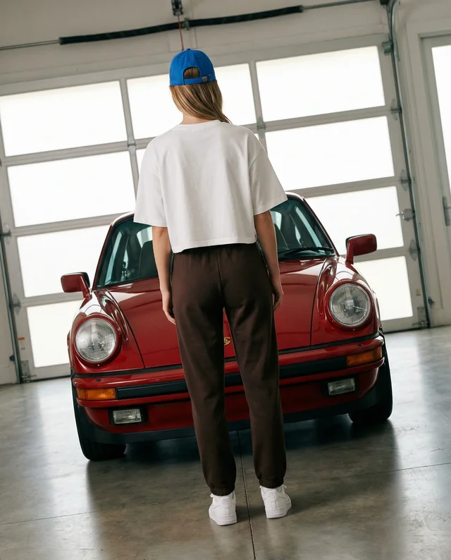 Young Woman in Crop Top by Classic Red Sports Car Mockup