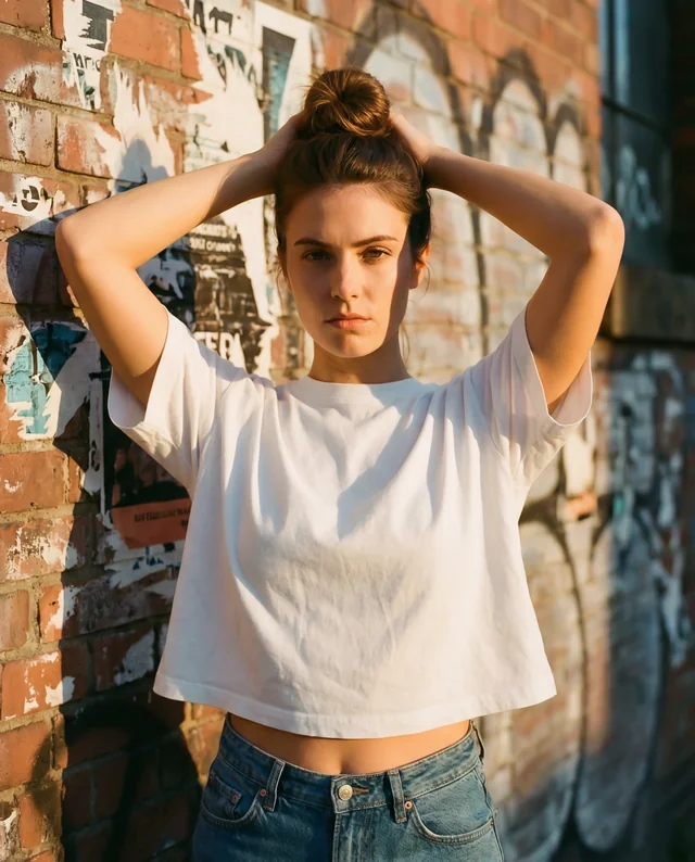 Confident Young Woman in Urban Crop Top Mockup