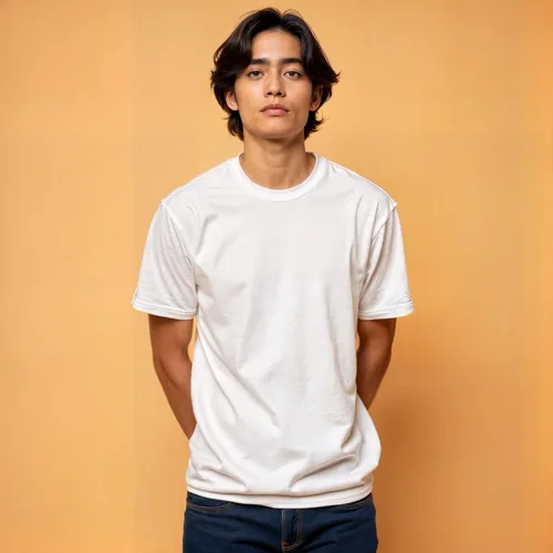 Mockup of T-Shirt on Young Model with Soft Orange Background