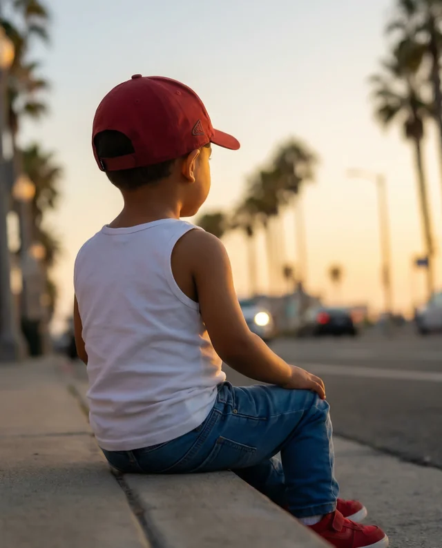 Charming Child Mockup in Tank Top at Sunset Scene
