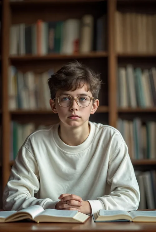 Cozy Library Mockup Featuring a Thoughtful Boy in Sweatshirt