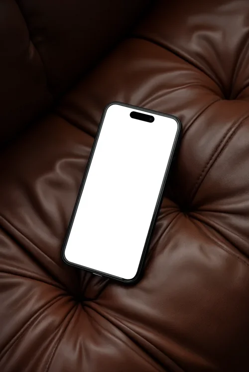 Black iPhone 16 Pro Max Mockup on Leather Couch