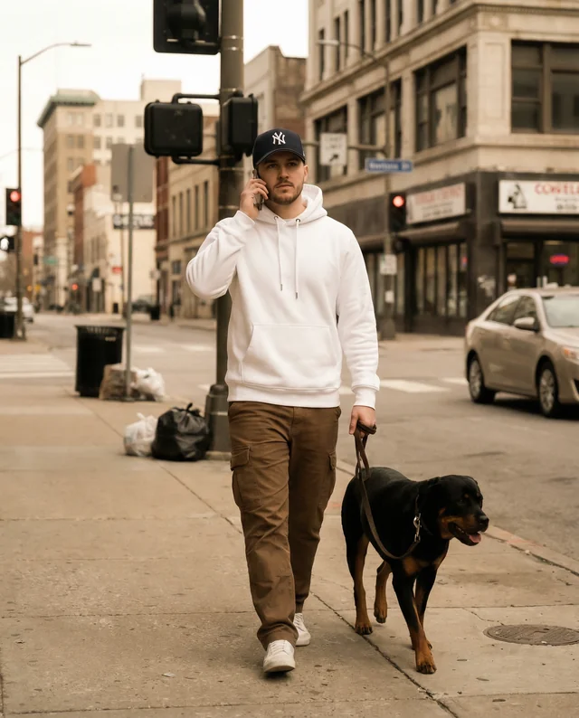 Urban Hoodie Mockup with Young Man and Rottweiler