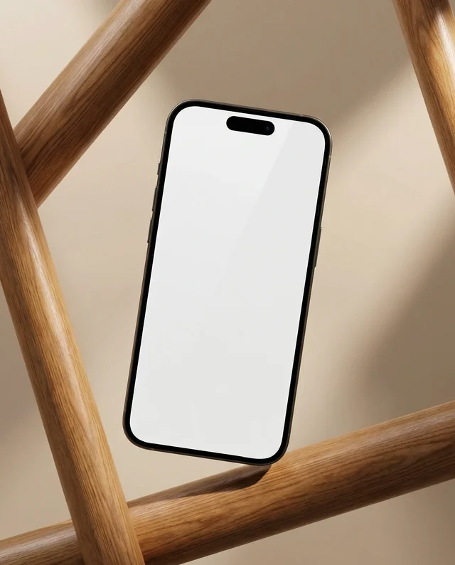 Minimalist iPhone Mockup with Natural Wooden Elements