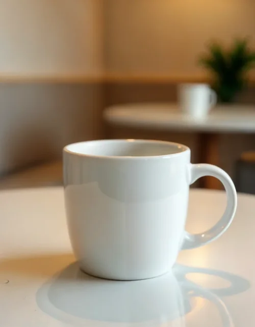 Warm Beige and Light Brown Mug Mockup in Minimalist Setting
