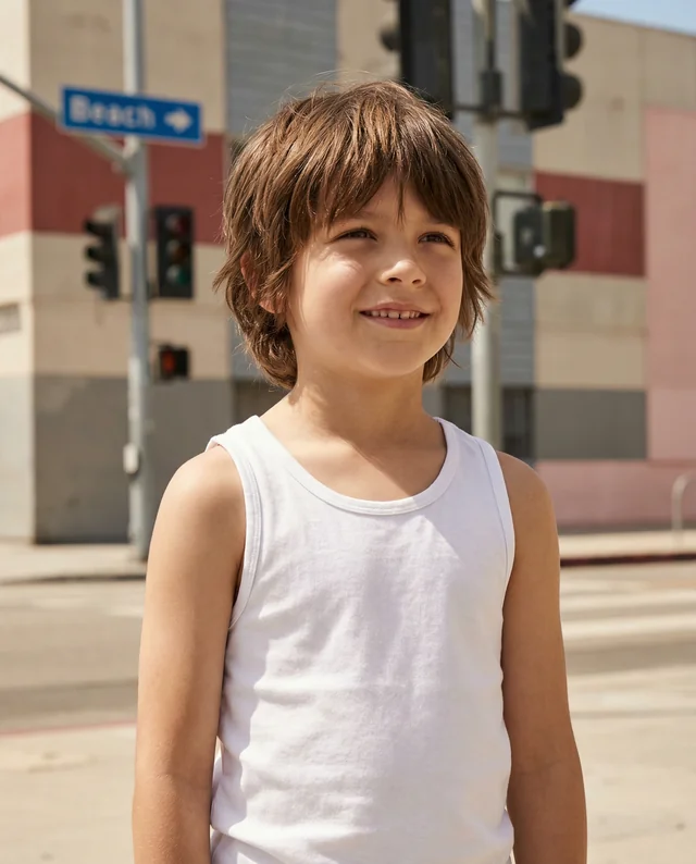 Joyful Boy in White Tank Top Mockup on City Street