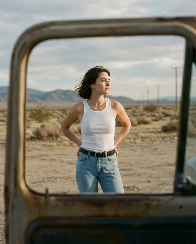 Confident Woman in White Tank Top Desert Mockup Scene