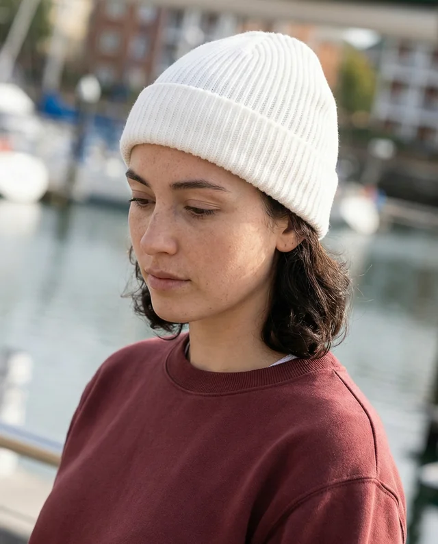 Contemplative Young Woman in Beanie Mockup at Marina