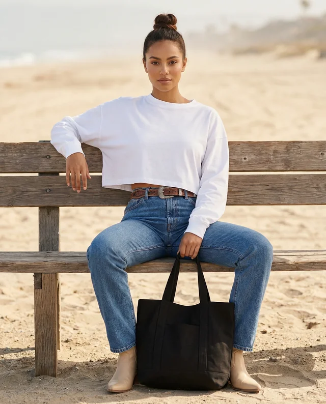 Stylish Mockup of a Young Woman in a Crop Top at the Beach