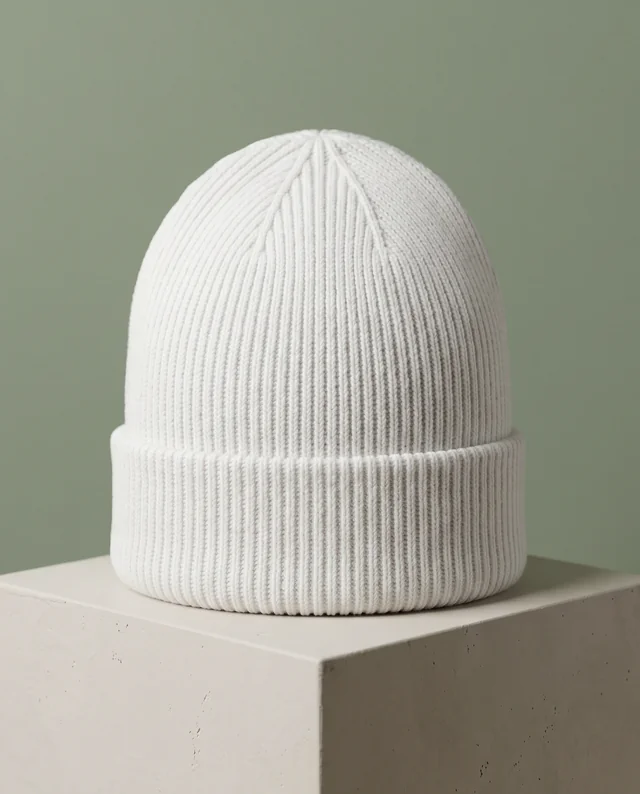 Elegant White Beanie Mockup on Minimalist Pedestal