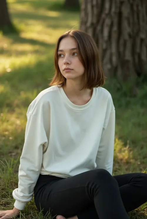 Casual Mockup of a Thoughtful Young Woman in Sweatshirt