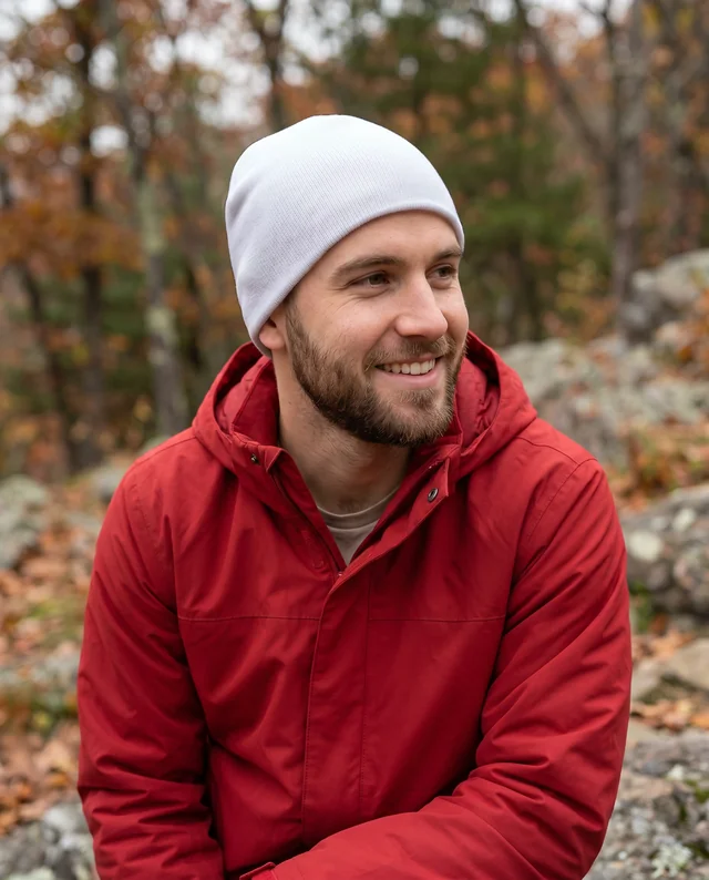 Smiling Young Man in Beanie Mockup in Autumn Forest