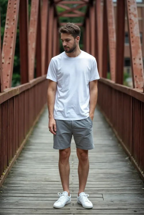 Casual T-Shirt Mockup: Young Man on Rustic Bridge