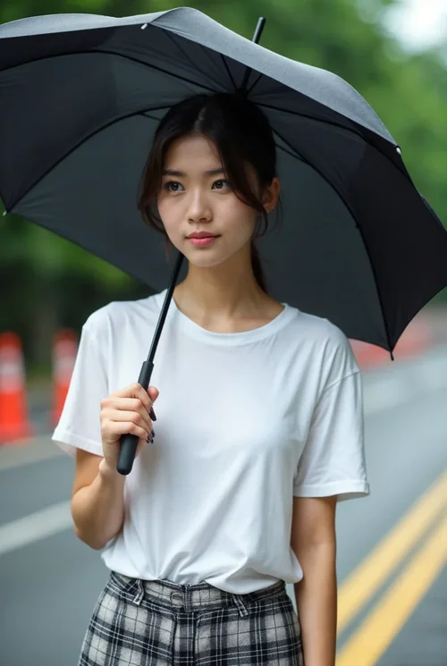 Stylish T-Shirt Mockup Featuring a Thoughtful Young Woman