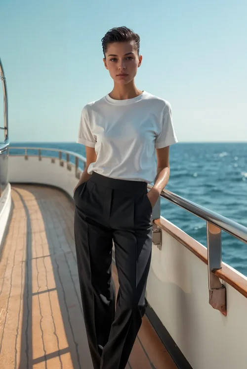 Elegant T-Shirt Mockup of a Supermodel on a Yacht