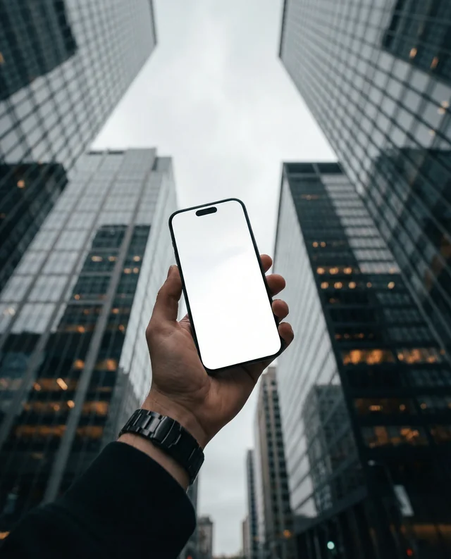 Urban iPhone Mockup with Skyscrapers in Background